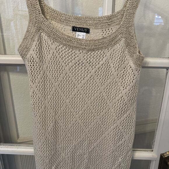 Venus Cream Gold Sleeveless Crochet Knit Sweater Dress Lace Detail Womens Medium - Picture 3 of 13